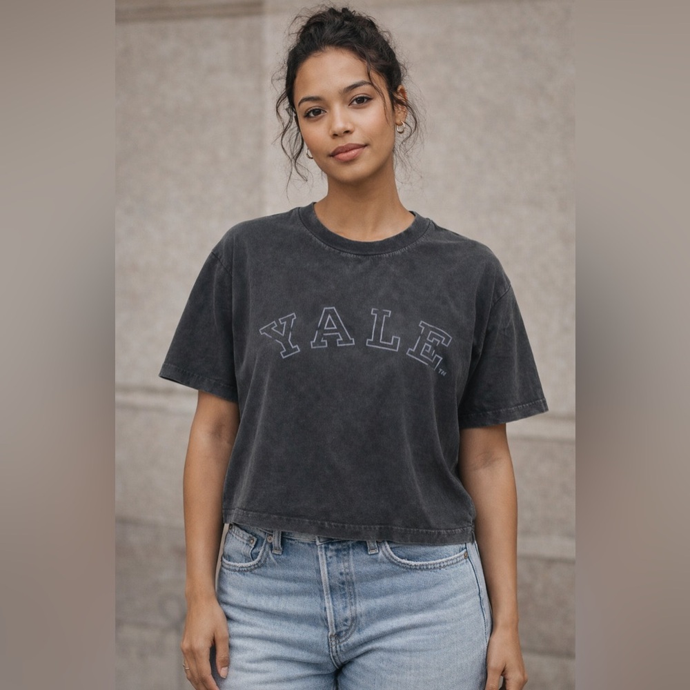 YALE Chicka-D Charcoal Acid Wash Cropped T-Shirt Unisex Size Large